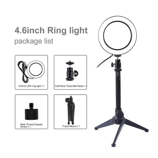 LED Ring Light Video Photography Selfie Lamp Dimmable with Camera Phone Desktop Tripod for Shooting Makeup Video Live Studio