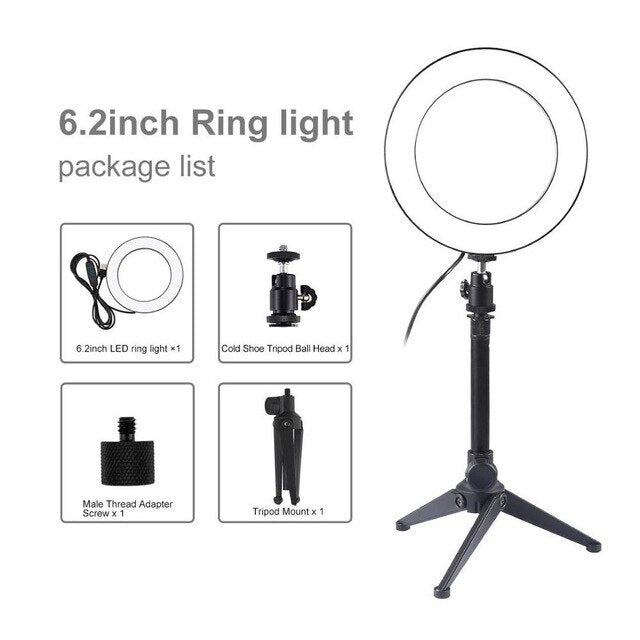 LED Ring Light Video Photography Selfie Lamp Dimmable with Camera Phone Desktop Tripod for Shooting Makeup Video Live Studio